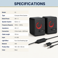 T-WOLF S3 Computer-Lautsprecher 3W X 2 Kabelgebunden 3,5mm USB-Stromversorgung 4-Farben-Atemlicht Stereo für PC Laptop Desktop Großhandel