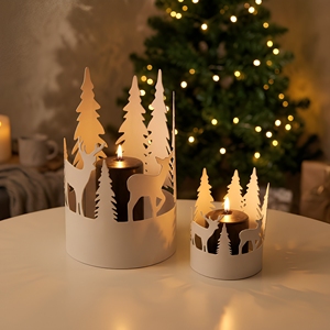 2026 Christmas Home Tabletop Votive Holder Iron Metal Handmade with Tree and Deer Cutwork Design - Product Image 1
