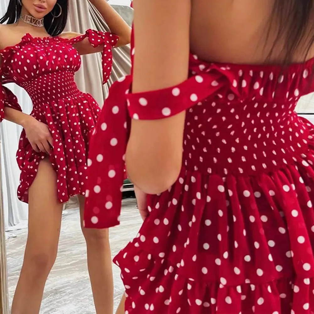 Personalizado verano polka dot impreso vestido de gasa Sexy pecho envuelto vestidos