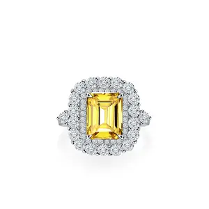 Hoyon黄银S925纯银3克拉VVS祖母绿切割婚礼订婚女士硅石钻石簇状戒指