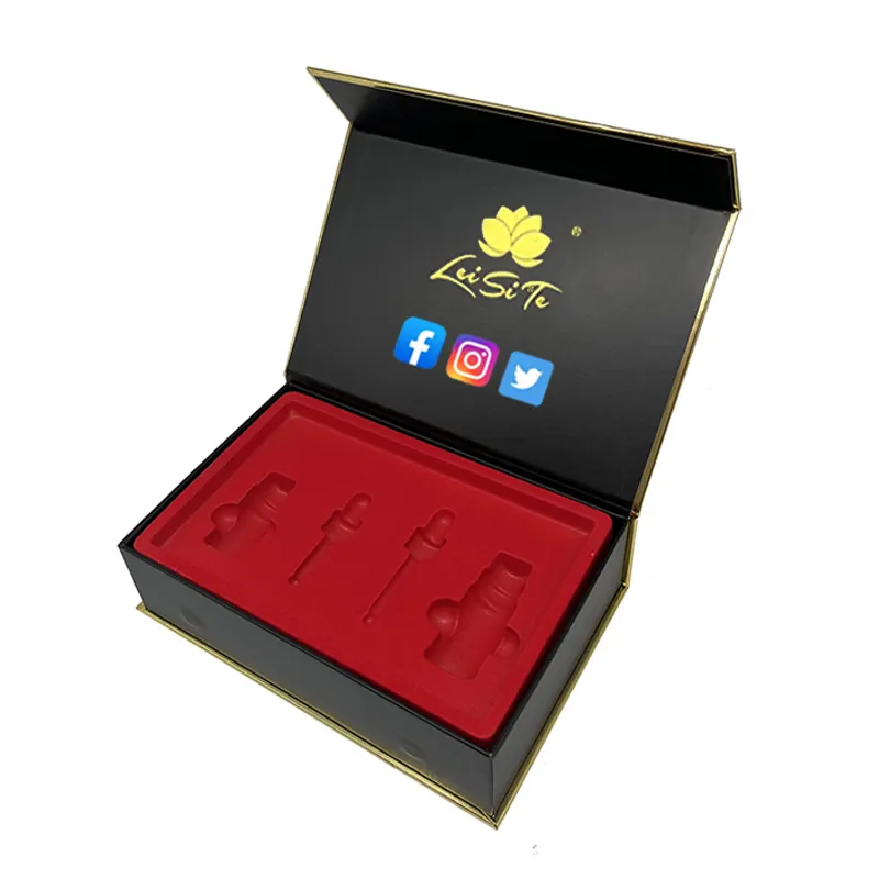 Black magnetic gift box with red flocking insert and golden border