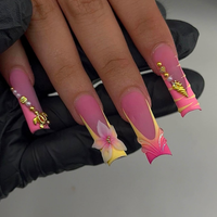 Ongles en plastique longs et carrés, couvrants, rose vif dégradé, papillon, à presser, avec colle, lot de 10 pièces, réutilisables, acryliques, tendance Y2K