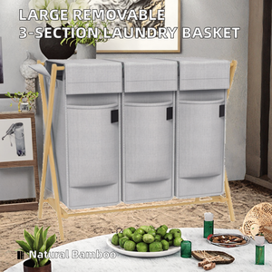 Cesto de Ropa Sucia de Bambú Extraíble de Dos Niveles con 3 Compartimentos Grandes para Ropa Sucia - Product Image 2