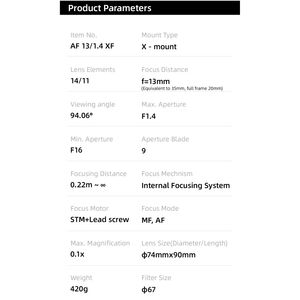 Objectif grand angle à focale fixe Viltrox 13 mm F1.4 à mise au point automatique et grande ouverture pour appareils photo Fuji X Mount XT3 XT4 Xpro3 <span class=keywords><strong>XS10</strong></span> - Product Image 5