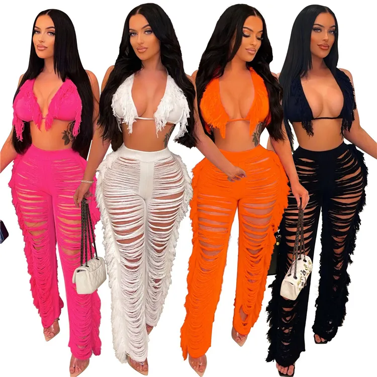 Groothandel Whats Trending Dongguan Kleding Zomer Effen Kleur 2 Stuk Fringe Broek Set