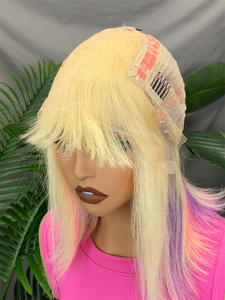 Perruque Bob complète en dentelle FH 13x3x4 avec frange, couleur 613/rose/violet, bonnet en dentelle suisse, cheveux indiens Remy, dentelle transparente - Product Image 1