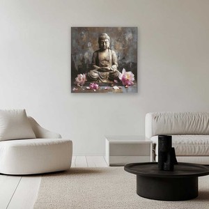 Statua di Buddha con fiore di loto, quadro su tela, dipinto a olio floreale zen religioso per l'arredamento del soggiorno - Product Image 4
