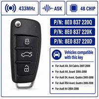 Clé intelligente sans clé à 3 boutons 433 MHz avec puce Megamos AES 48 pour Audi A4 A5 Référence : 8V0837220 8V0837220P Système de télécommande