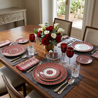Ensemble de vaisselle de luxe en céramique rouge géométrique, service de table en porcelaine vintage avec décalcomanies pour mariage, restaurant, fête, vente au détail