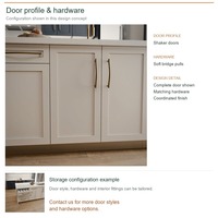 Meuble de cuisine laqué Shaker avec portes encadrées, aménagement en îlot, dimensions personnalisées, boîtes de rangement en contreplaqué et tiroirs à fermeture amortie