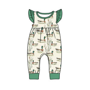Combinaison pour bébé fille SR3813 CUSTOM, imprimé canard vert, vente en gros pour enfants, manches volantes, ensemble pour enfant - Product Image 1