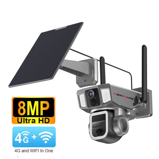 WERYSAFE 4k 8mp Surveillance Solar Camera 360 Ptz 10x Zoom 4g Outdoor Three Lens Dual Screen Cctv Wireless Security Camera