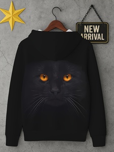 เสื้อฮู้ดผู้ชายแขน<span class=keywords><strong>ยาว</strong></span>สไตล์โกธิค พิมพ์ลาย<span class=keywords><strong>แมว</strong></span>ดำสุดเท่ ตาสีส้มเรืองแสง <span class=keywords><strong>หนวด</strong></span>กราฟิก พิมพ์ลายดิจิตอล 3 มิติ ผ้าซาติน แห้งเร็ว - Product Image 2