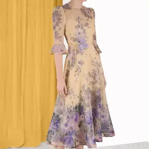 New Product Australia Vacation Style Purple Flower Printed Mesh 2 Piece Dress for Women 2024 Wholesale