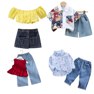 Tenues d'été pour enfants fabriquées en Chine, ensembles de vêtements en coton avec t-shirt, jupe en jean, pantalon et débardeur pour filles et garçons - Product Image 3