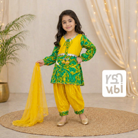 Salwar Kameez traditionnel pour filles, en coton, imprimé floral, coupe ample, longueur cheville, jaune vert, tenue de fête, Inde Pakistan, 3-4 4-5