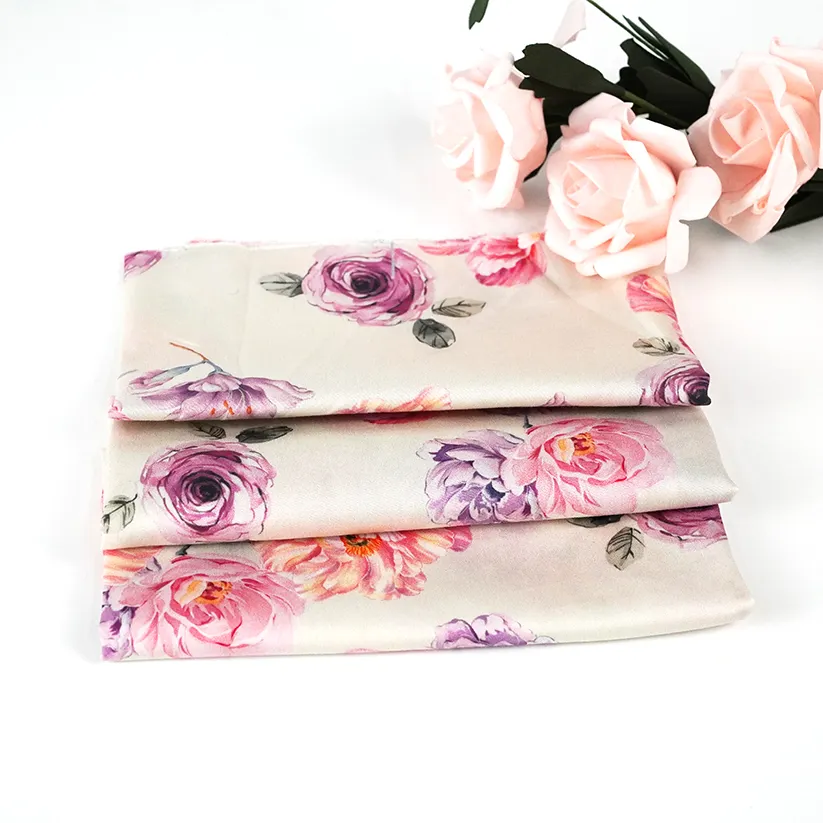 Customized Beautiful Pattern Pink Flower Gloss Soft Cotton Satin Printed Fabric