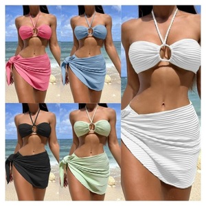 Traje de baño para mujer, bikini beige con volantes, traje de baño con tirantes y espalda descubierta, traje de baño de verano de color sólido - Product Image 3