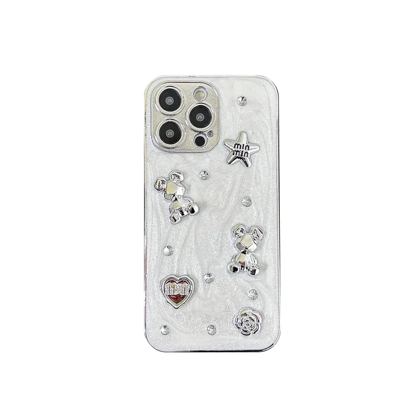 3D Silver bear case back cover for iPhone 11 12 Pro 13 14 15 Promax, Epoxy Smart design case for iPhone 15