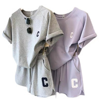 Set 2 Potong Piyama Pendek Wanita Musim Panas, Kaos Lengan Pendek Longgar, Celana Pendek Kasual Bermotif Huruf, Bahan Poliester, Ukuran Besar