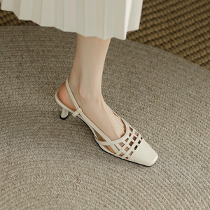 elegant sandals wears soft leather square-toed thin <b>heels</b> with one-strap and hollowed-out back high <b>heel</b> shoes women pumps - Product Image 2
