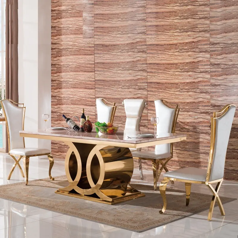 Роскошный набор мебели из золотистого металла, мраморный обеденный стол и стулья для ресторана, дома, гостиной, столовой