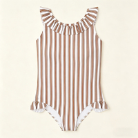 Traje de Baño de Una Pieza para Niñas Pequeñas, Rojo y Blanco a Rayas, Espalda Descubierta, con Volantes, UPF 50+