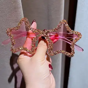 HY çerçevesiz el-elmas-encrusted pentagram balo güneş gözlüğü şeker renkli kadınlar için Instagram korkak parti gözlüğü