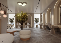 Diseño interior moderno de lujo en beige para salón de belleza, personalización completa de la tienda, equipo de peluquería, conjunto de muebles para salón de belleza