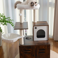 Arbre à chat 2-en-1 rustique marron en bois, grand format, moderne, pour intérieur, avec enclos pour litière, panier, griffoirs et maisonnette pour animaux