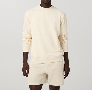 Men's Cream Crew Neck Sweatshirt <b>Set</b> Regular Fit 100% Cotton Solid Color Minimalist Spring Wear Breathable Full Sleeve Shorts - Product Image 2