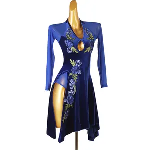 꽃 무늬 디자인 인기있는 유행 블루 메쉬 슬리브 현대 벨벳 메쉬 볼룸 댄스 드레스