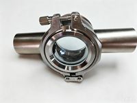 Vanne sphérique sanitaire à 4 voies avec jauge de niveau en verre borosilicaté et acier inoxydable SS316L pour les applications alimentaires, pharmaceutiques et laitieres