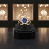Ensemble de bague de fiançailles en diamant de laboratoire bleu royal taille coussin certifié IGI, en or jaune 10K plaqué rhodium avec halo, et alliance de mariage