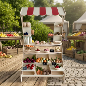 Puesto de venta de simulación para niños, carrito de madera con casa, tienda de conveniencia de varias capas para la venta de frutas y verduras, juguetes para padres e hijos - Product Image 2