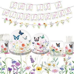 Butterfly Tea Party Supplies Paper Plates Cups <b>Tablecloth</b> Birthday Decorations 40-60 Pcs Environment Friendly Digital Printing - Product Image 1