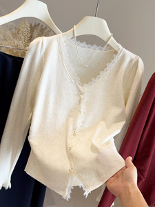 เสื้อสเวตเตอร์ถักคอวีล้วนแบบมีแผงลูกไม้สำหรับผู้หญิงแฟชั่น - Product Image 3