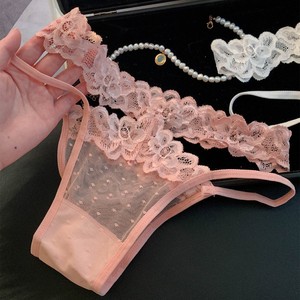 Wholesale <b>Women</b> Thin Shoulder Strap Floral <b>Lace</b> Thong Low-rise Dot Sheer Mesh Knitted Metal Ring Decor Sexy T-back <b>Underwear</b> - Product Image 3