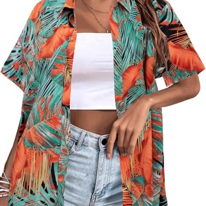 Blusa Retro Vintage de Moda Hawaiana, Tejida, con Estampado Floral Tropical, Cuello en V, Manga Corta, Botones al Frente, para Verano - Product Image 4