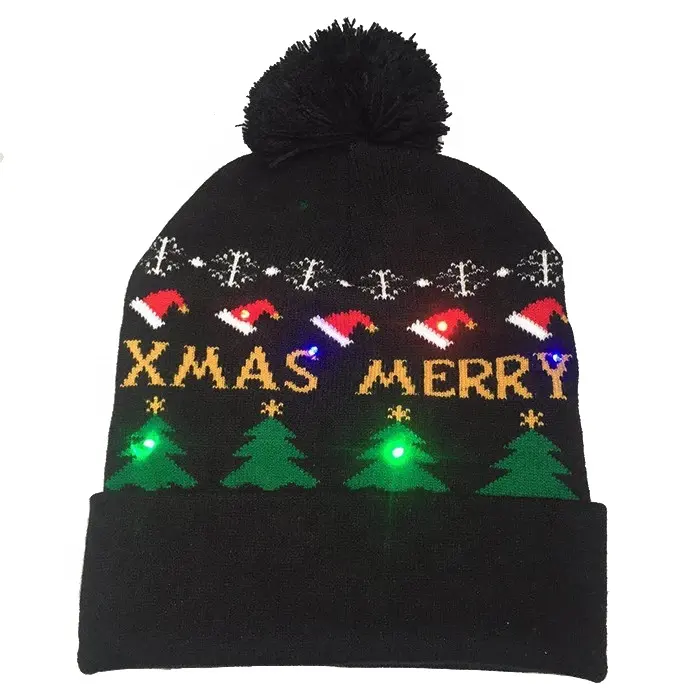 Free shipping light up Christmas hat cap blue in stocks Small order led beanie flashing knitted pom hat