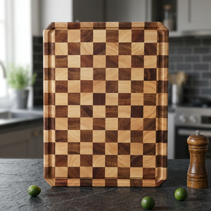 Planche à découper rectangulaire en bois d'acacia et de teck à motif d'échecs, poignée de couteau, épaisseur 2,0 cm, compatible lave-vaisselle, durable, multifonctionnelle - Product Image 1