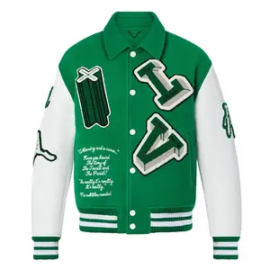 Men Custom Leather Jacket Chenille Embroidered Green Jacket Bomber Flying Baseball Varsity Jacket