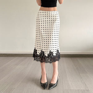Women's Polka Dot <b>elastic</b> Satin Midi Skirt, Black <b>Lace</b> Trim Scalloped Hem High Waist Pencil Skirt - Product Image 1
