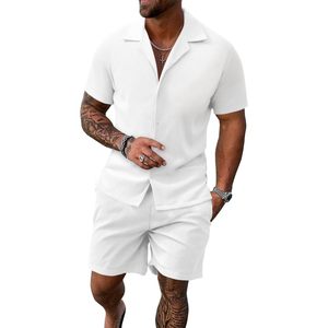 Ensemble de plage d'été pour homme personnalisé en 2 pièces, chemise boutonnée à rayures blanches texturées et short, tenue décontractée pour les vacances, coton respirant - Product Image 3
