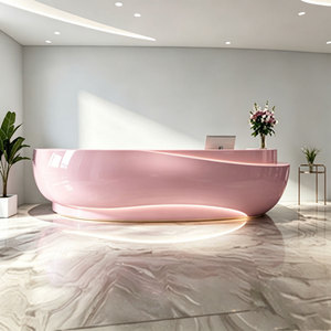 Custom Curved Wood Slice Reception Desk Luxury Modern Front Desk For 5 Star Hotel Lobby With Solid Wood Slat Design - Product Image 4