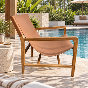 Modern Teak <b>Garden</b> <b>Chair</b> With Tapered Legs Beige Sling Seat Outdoor Furniture Manual <b>Recliner</b> Comfortable Design - Product Image 4