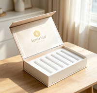 Boîte cadeau magnétique pliable en crème, logo hexagonal en feuille d'or personnalisé, plateau en mousse EVA à 6 compartiments pour l'emballage des ampoules de soins de la peau