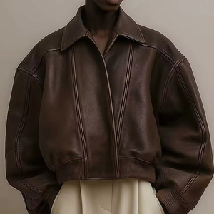 Full Zip up Turn Down Neck Vintage Casual Long Sleeve Oversized Baggy <strong>Brown</strong> <strong>Leather</strong> <strong>Jacket</strong> Boxy Bomber Pu <strong>Leather</strong> <strong>Jacket</strong> - Product Image 2