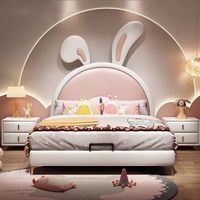 Lit superposé en cuir de luxe pour enfants, thème Princesse Lapin, taille King, en bois, pour chambre à coucher, lit doux pour tout-petits et enfants, tailles Queen et Twin