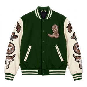 Veste varsity verte premium pour homme avec patchs brodés style western et col rabattable, vêtement décontracté d'automne - Product Image 1
